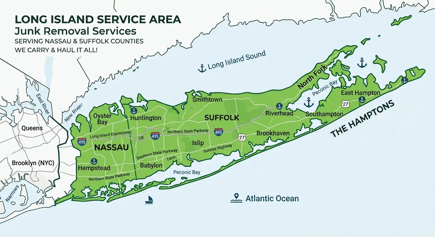 Jiffy Junk cleanout service area map - Long Island, New York including Nassau County and Suffolk County for hoarder, estate, garage and basement cleanouts