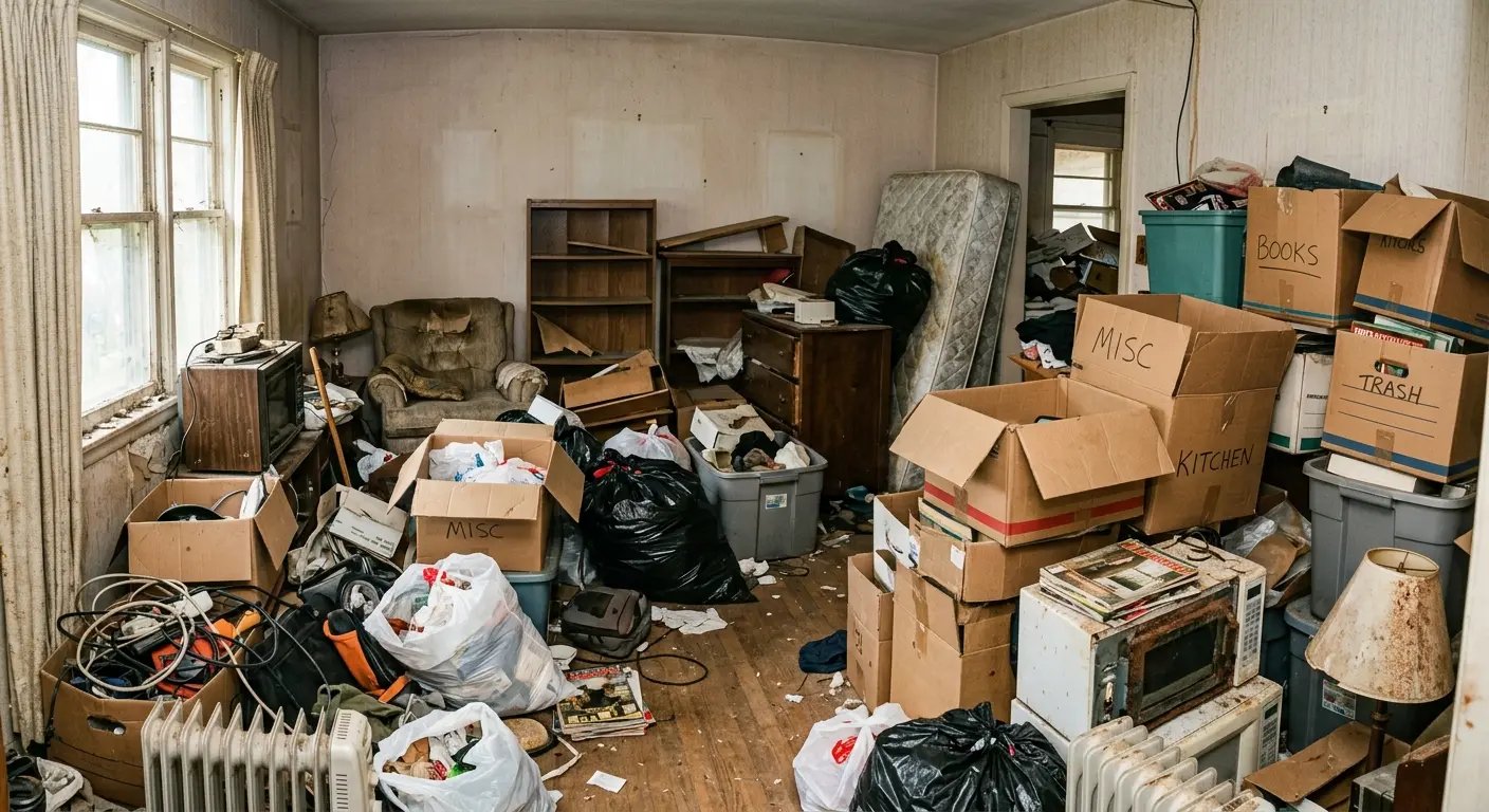 Hoarder and estate cleanout junk removal by Jiffy Junk in Long Island, New York - cluttered room full of items needing professional cleanout